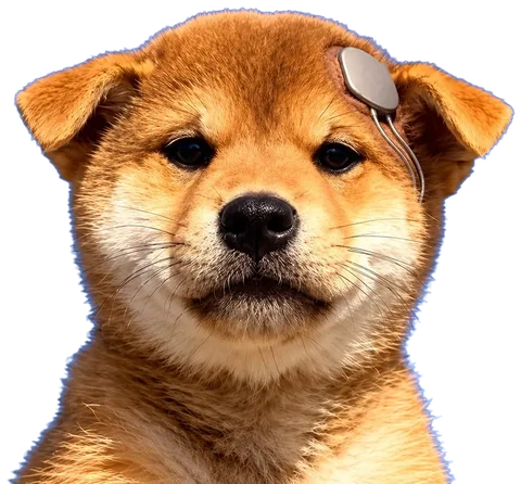 Inu, a shiba puppy, chin up against a clear blue sky, with a small titanium earpiece above the left ear.